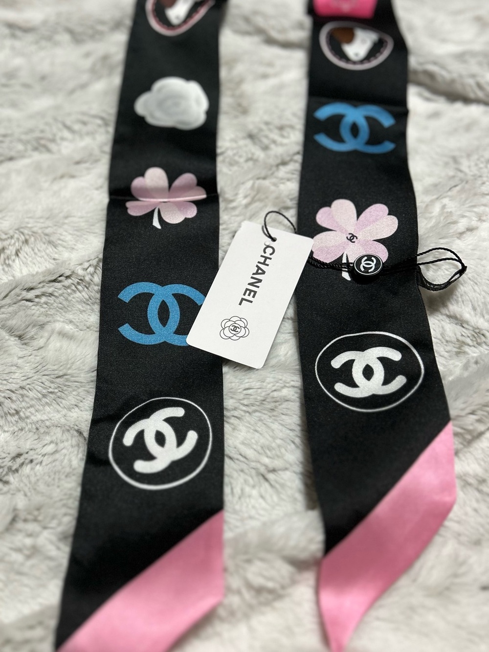 C Pink & Blue Logo Silk Twilly Scarf -